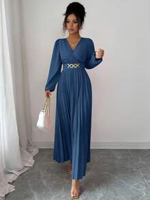 Elenzga Autumn/Winter Back To School Season Pleated Dress, Elegant For Birthday Party, Wedding - Blue - View 3