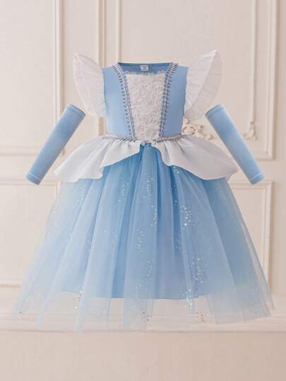 Glamorique Kids Blue Tulle Puff Sleeve Princess Dress, Christmas Young Girl Party Dress, Birthday Party Gown, Pageant Dress, Suitable For Stage Performance, Middle East & European Style, Autumn/Winter