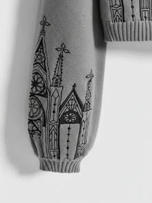 ROMWE Goth Suéter de cuello alto bordado con estilo gótico palaciego - Gris Oscuro - Ver 3