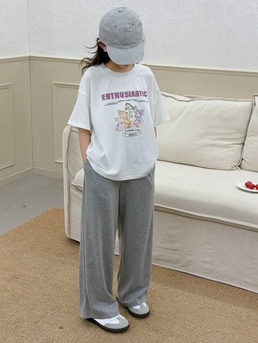 Dazy Kids 2pcs/Set Tween Girls Crew Neck Printed Short Sleeve T-Shirt + Knit Wide Leg Pants Loungewear, Spring/Summer - White - View 1