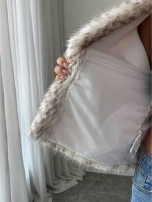 SHEIN Clasi 1 件女式复古飘逸宽松柔软奢华常规狐狸皮草大衣，适合派对、通勤、机场、万圣节、圣诞节、新年、感恩节、冬季 - 淺灰色 - 查看 5
