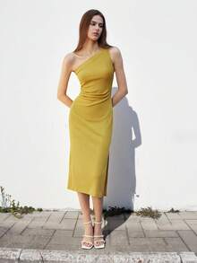 Maija 2025 Casual Elegant Textured Pleated Asymmetric One Shoulder Midi Dress, Mustard Yellow, Suitable For Early Autumn, Back To School, Party Season One Shoulder Dress One Sleeve Dress Yellow Dress Gold Dress Ribbed Dress - Mustard Yellow - View 4