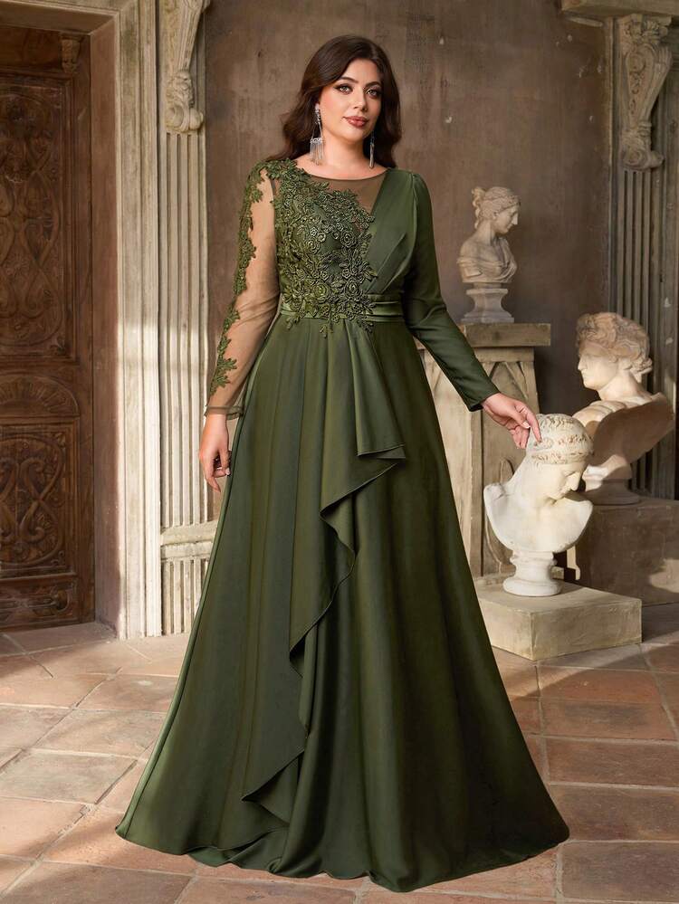 Aureia Vestido de noche maxi de línea A con cuello redondo, mangas asimétricas, lujoso parche de lentejuelas, volantes en el bajo, diseño con mucho adorno, en color verde militar elegante y romántico para tallas grandes - Verde militar - Añade 7