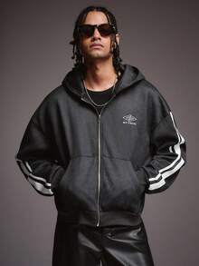 STYNVO Áo hoodie thường ngày tay dài có khóa kéo sọc hai bên dành cho nam, túi trước - màu đen - Xem 5