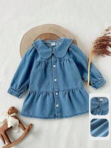 SHEIN 女婴蓝色优雅彼得潘领长袖牛仔连衣裙，适合春秋季外出、拍照、日常穿着和上学穿着。 - 藍色 - 查看 8