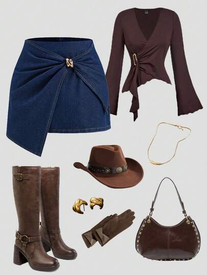 SHEIN MOD Minifalda de mezclilla con decoración metálica, plisada y con bajo asimétrico de moda para mujer