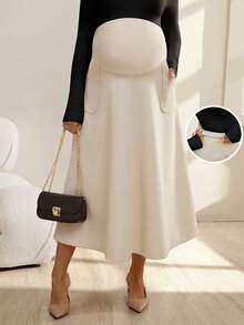 SHEIN Solid Color Long Pocket Maternity Skirt, Autumn/Winter - Beige - View 1