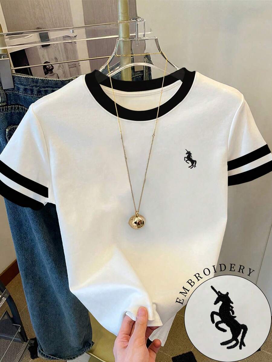 Resyla 女士大码T恤/独角兽图案刺绣/刺绣工艺/刺绣款式和时尚T恤/女士超宽松休闲撞色大码圆领T恤上衣/春夏