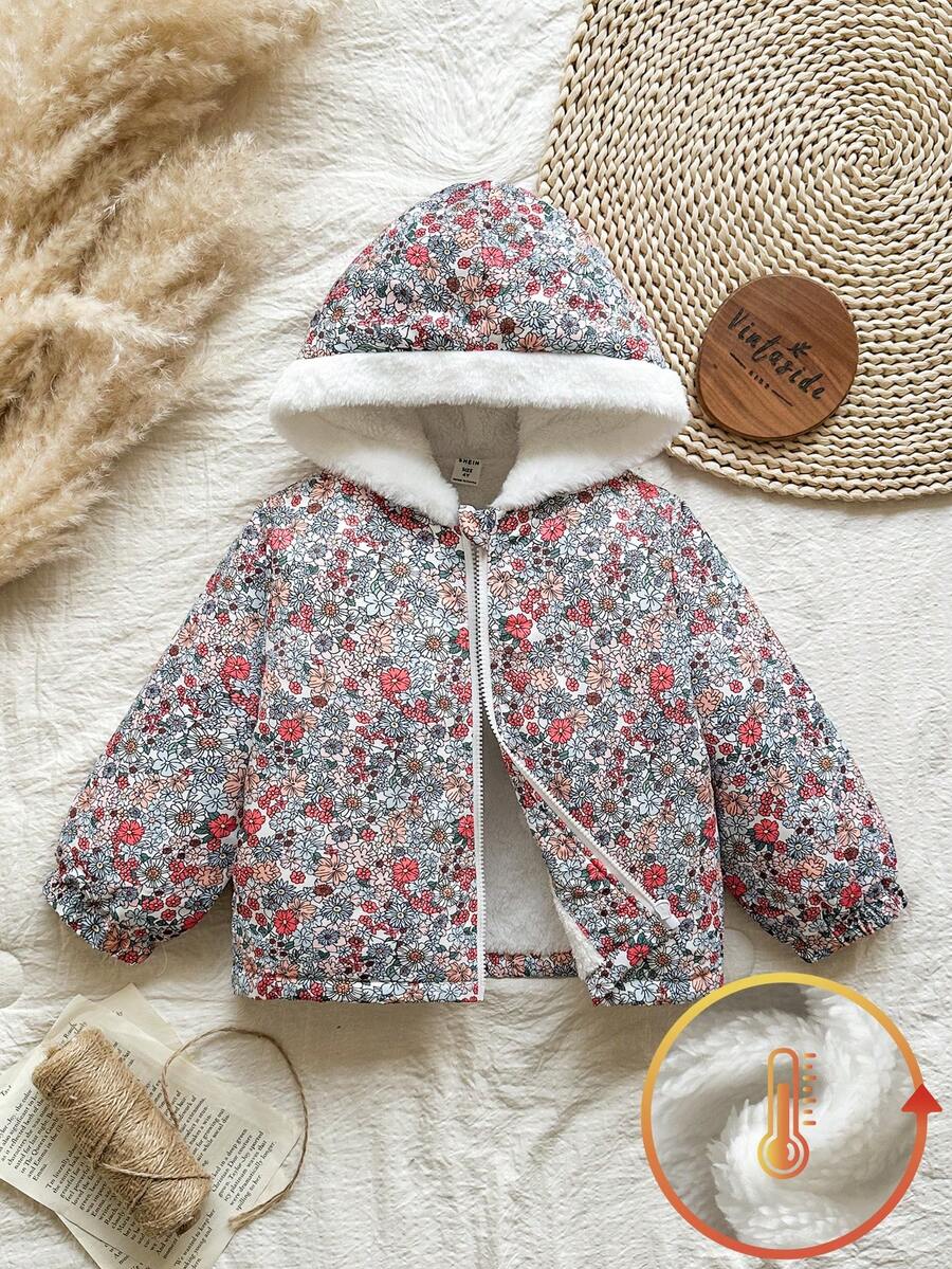 SHEIN 小女孩可爱碎花长袖连帽外套,适合冬季户外旅行 - 彩色 - 查看 1