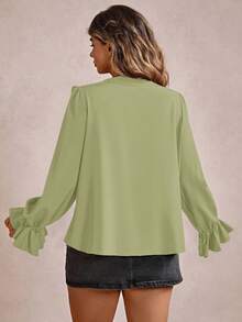Freevana 大码女式纯色长袖时尚度假风荷叶边衬衫 - 橄欖綠 - 查看 2