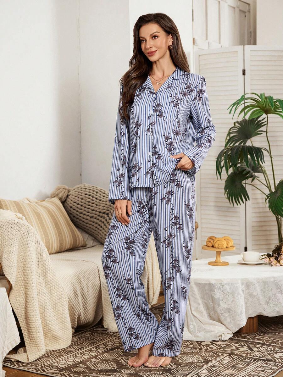 Serenescape 新款女士条纹印花休闲舒适睡衣套装，包含长裤和衬衫，冬季服装 - 藍色 - 查看 1