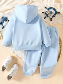 SHEIN Playful Pals 男童3D鲨鱼刺绣图案长袖卫衣裤套装，返校季服装 - 淺藍色 - 查看 3