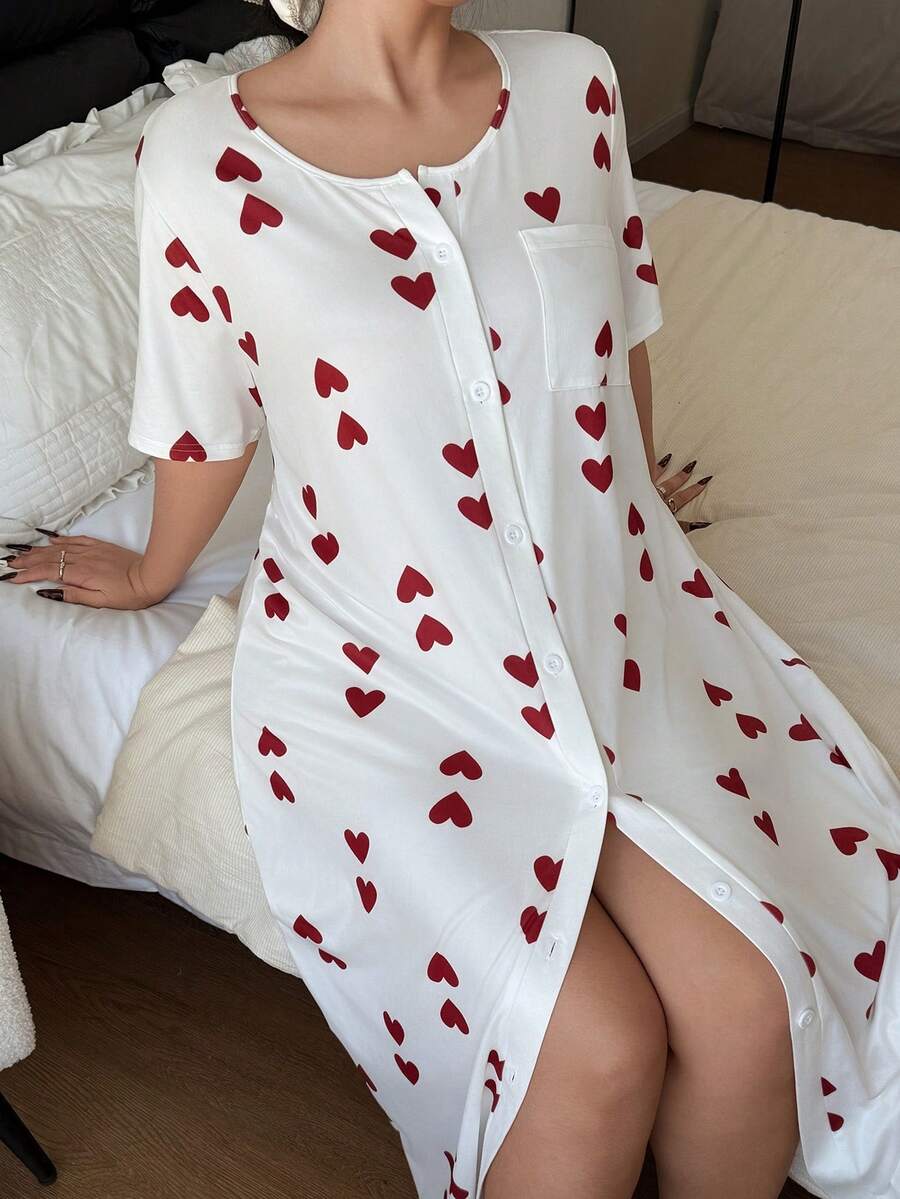 SHEIN Cardigan Motif Hati dengan Kancing, Pakaian Santai Kasual, Ukuran Plus, Gaun Tidur - Putih - View 1