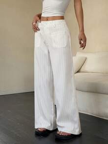 Flirla Women's Low Waist Striped Retro Versatile Wide Leg Pants With Pockets Fall Cloth For Women - White - View 5