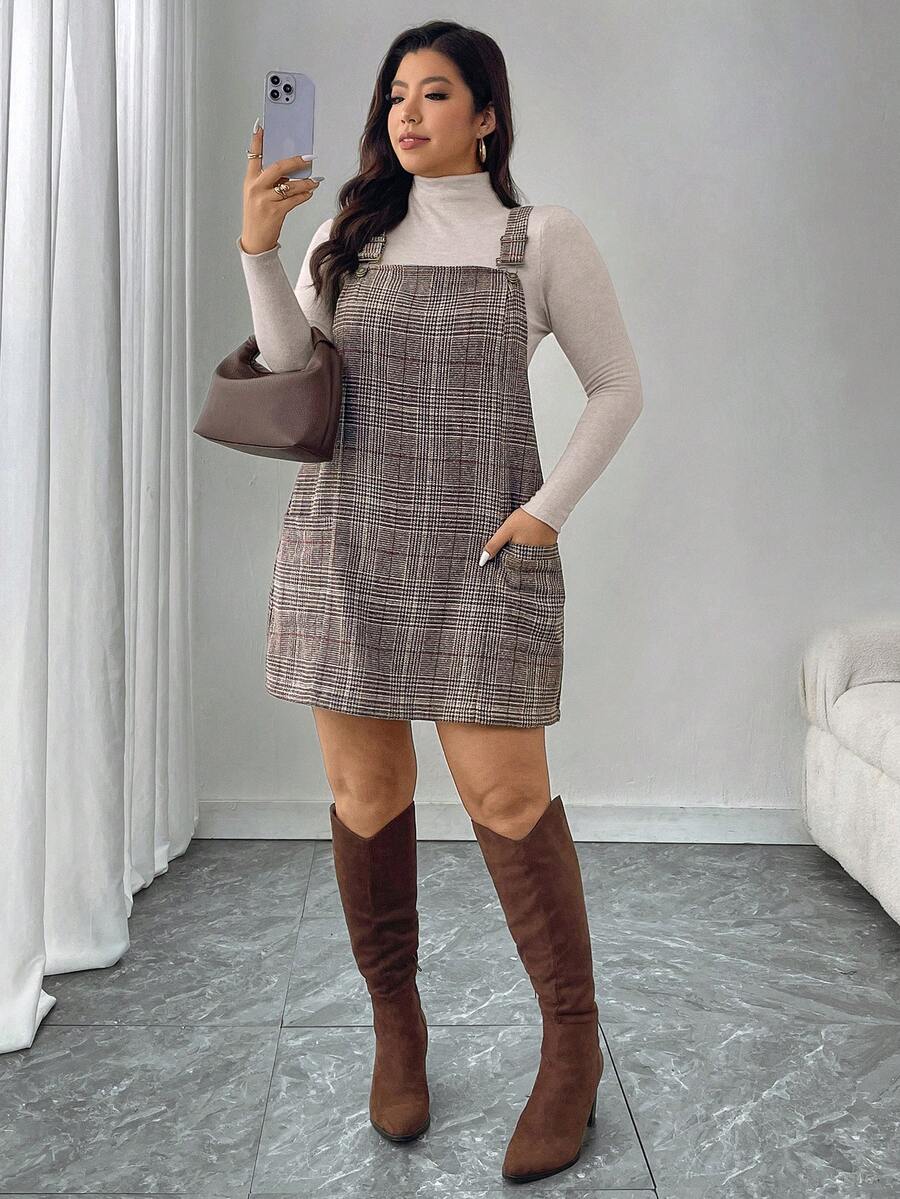 SHEIN LUNE Váy yếm cỡ lớn dệt jacquard họa tiết đồng xu cổ điển - màu nâu - Xem 1