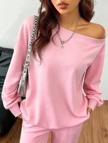 SHEIN EZwear 女式春夏基本款针织纯灰色宽松露肩不对称领口长袖运动衫和喇叭裤健身套装，两件套服装 - 粉色 - 查看 3