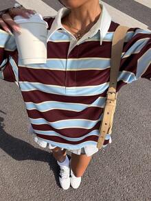 Muchica 女士休闲撞色条纹纽扣落肩T恤，秋季款 - 酒紅色 - 查看 5