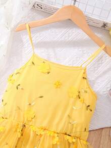 SHEIN Sparklyn Tween Girl Elegant Party Floral 3D Embroidered Mesh Strap Dress - Yellow - View 6