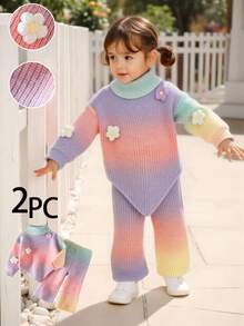 SHEIN Baby Girl, Casual And Cute, Colorful And Flower-Decorated Knitted High-Neck Sweater + Knitted Wide-Leg Pants Two Pieces Set Baby Knitwear Baby Girl Knitted Outfits Rainbow Warm Clothes Baby Girl Baby Girl Sweaters Set Knit Two Piece Toddler Autumn And Winter Two Piece Suit