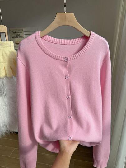 Comfortcana Plus Size Comfortable Fitted Round Neck Front Open Shoulder Casual Long Sleeve Knit Cardigan, Pink, Autumn/Winter