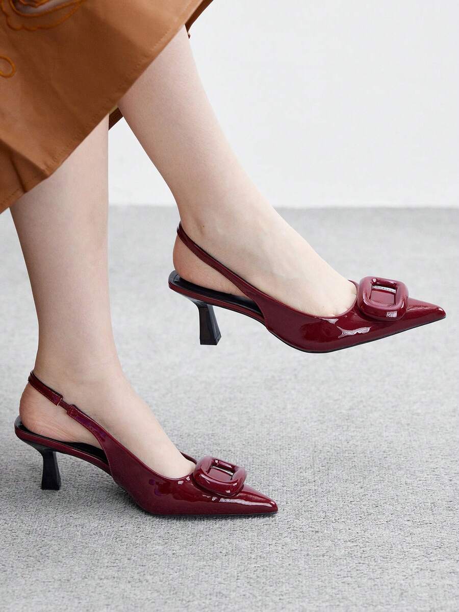 CUCCOO BIZCHIC 女士尖头套脚细高跟露后跟踝带凉鞋,简约时尚高跟鞋 - 酒紅色 - 查看 1