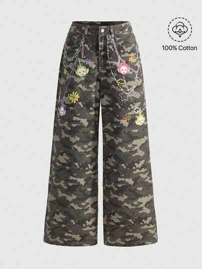 Teletubbies X ROMWE Women's Camouflage Chain Print Loose Fit Wide Leg Jeans