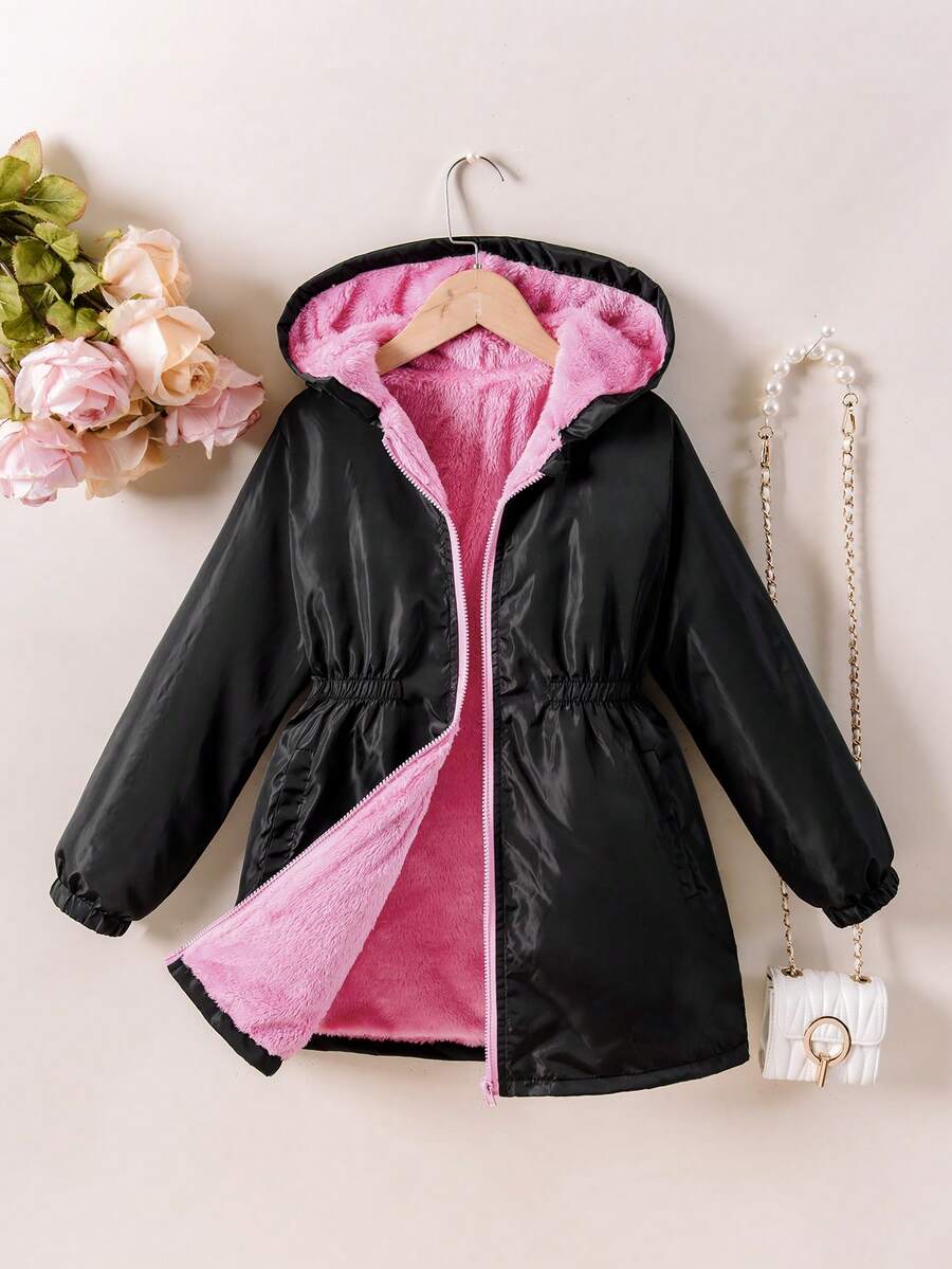 SHEIN 少女休闲连帽防风外套，保暖中长款外套，秋冬季 - 彩色 - 查看 1