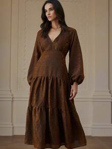 Aveloria European & American Style Autumn/Winter New Coffee Color Fashionable Versatile Textured Jacquard V-Neck Waist Gathered Long Sleeve Dress