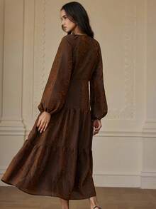 Aveloria European & American Style Autumn/Winter New Coffee Color Fashionable Versatile Textured Jacquard V-Neck Waist Gathered Long Sleeve Dress