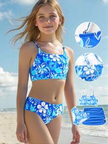 1 Set Of 3 Pieces Girls' Swimwear: Printed Random Blue Camisole Top And Shorts, Plus Solid Blue Chiffon Cover-Up Skirt, With Navy Tropical Floral Pattern, Featuring Sweet Style. Suitable For Summer, Swimming And Beach Activities Tween Girl Summer Clothes Tween Summer Cloths Tween Summer Clothes Girls Summer Holiday Girls Big Kids Blue Floral Print 3-Piece Swimsuit Tankini Set With Ruffle Skirt Quick Dry Bathing Suit For Beach Pool Vacation Girls' Swimsuit Set