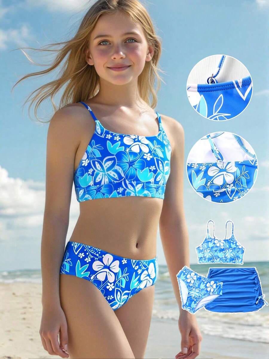1 Set Of 3 Pieces Girls' Swimwear: Printed Random Blue Camisole Top And Shorts, Plus Solid Blue Chiffon Cover-Up Skirt, With Navy Tropical Floral Pattern, Featuring Sweet Style. Suitable For Summer, Swimming And Beach Activities Tween Girl Summer Clothes Tween Summer Cloths Tween Summer Clothes Girls Summer Holiday Girls Big Kids Blue Floral Print 3-Piece Swimsuit Tankini Set With Ruffle Skirt Quick Dry Bathing Suit For Beach Pool Vacation Girls' Swimsuit Set