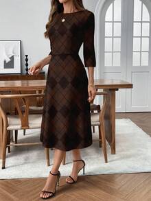EMERY ROSE 优雅女士休闲格子图案中长连衣裙，适合秋冬季节穿着，配有腰带，棕色优雅连衣裙，3D印花，休闲风格。 - 咖啡棕 - 查看 3