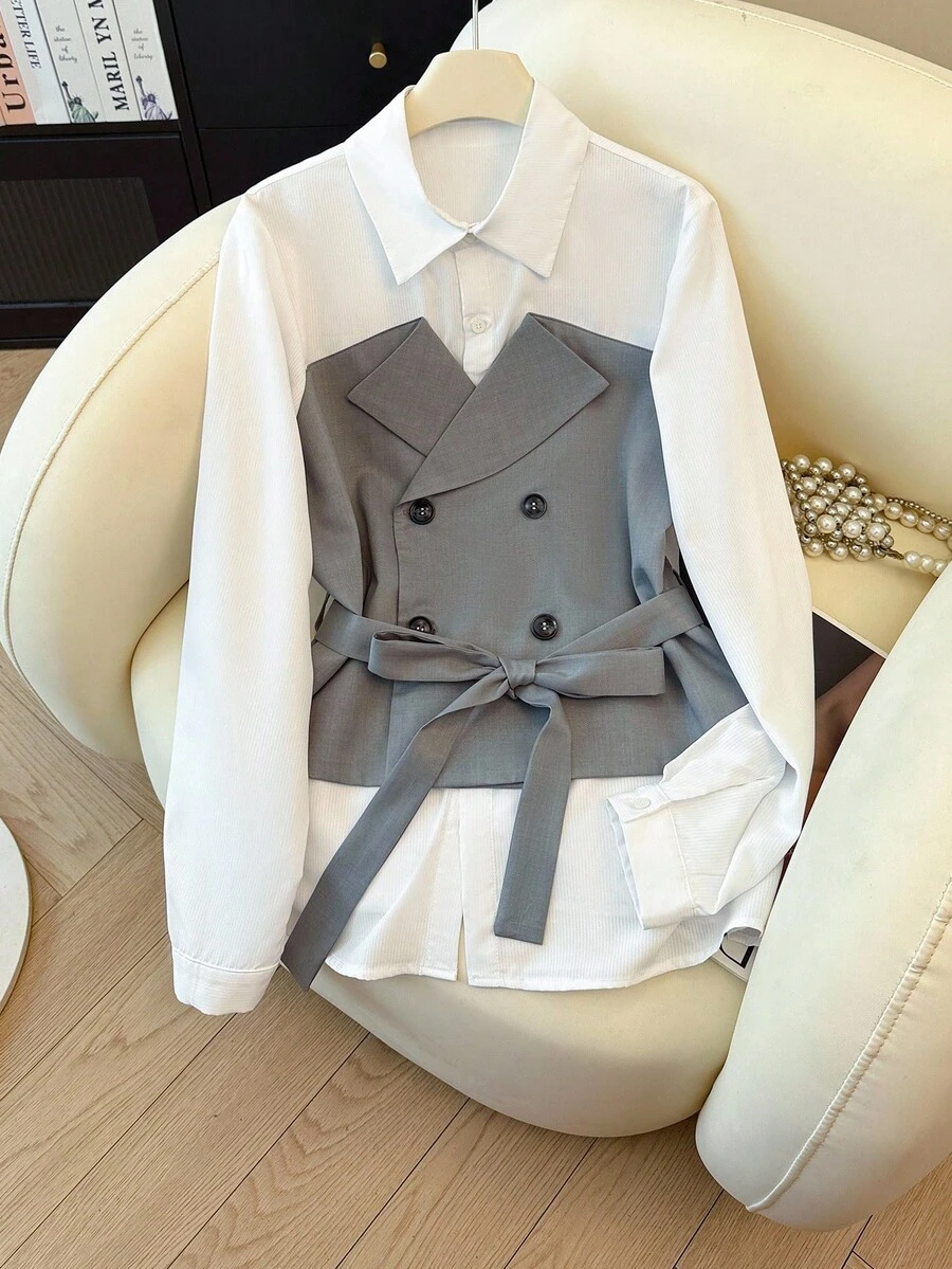 Franclia 女士休闲二合一设计收腰开襟衬衫，适合叠穿，秋冬季 - 白色 - 查看 1