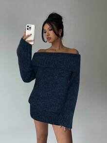 Aloruh Grey Off Shoulder Turtleneck Long Sleeve Mini Dress, Loose Top Tight Bottom, Suitable For Young Ladies, Autumn/Winter - Navy Blue - View 7