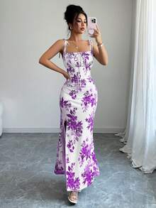 Elenzga New Arrival Women's Spaghetti Strap Tie Bow Waist Ruffle Hem Slit Design Dress, Versatile For Dates, Parties, Daily Wear, Flattering & Elegant - Purple - View 6