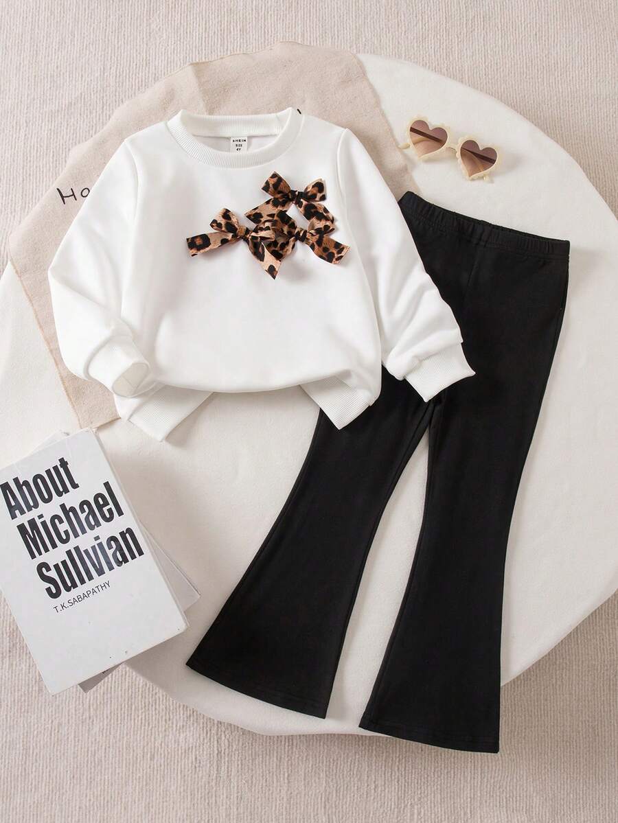 Genkimix Kids 2pcs/Set Young Girls Crew Neck White Long Sleeve Sweatshirt, Leopard Print Bow Sweatshirt & Flare Pants Set - Black and White - View 1
