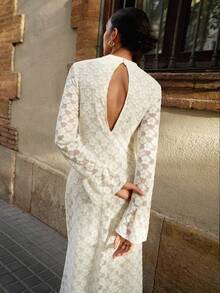 Maija 女士优雅半透明纹理喇叭袖连衣裙，秋季 - 杏色 - 查看 1