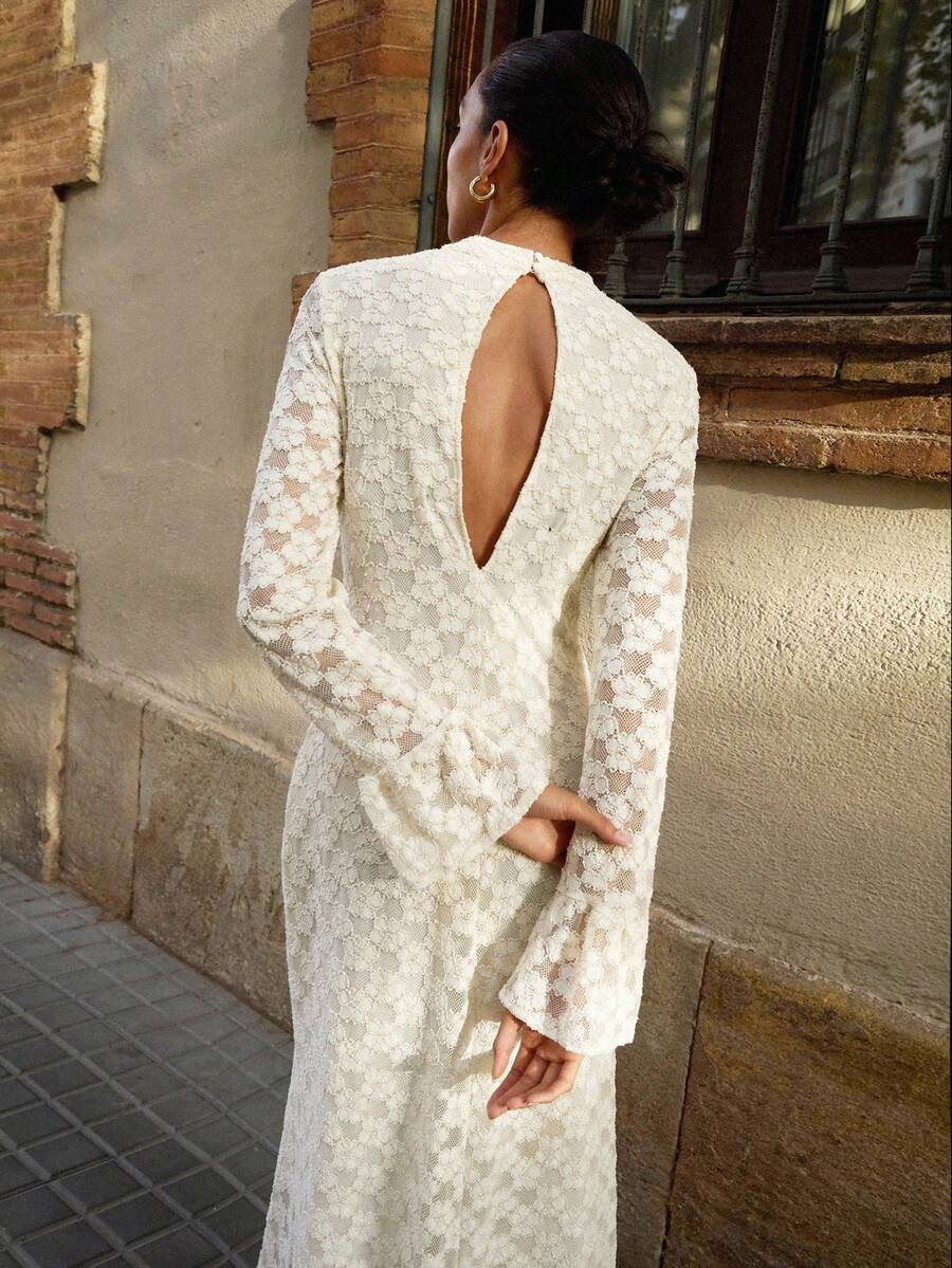 Maija 女士优雅半透明纹理喇叭袖连衣裙，秋季 - 杏色 - 查看 1