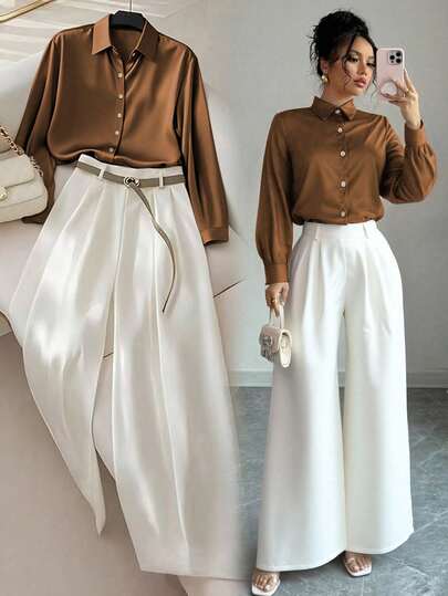 Franclia Conjunto de 2 piezas de camisa y pantalones de unicolor elegante de mujer