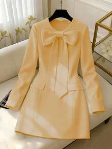 GlowEve Women's Elegant Solid Color Bow Decor Long Sleeve Dress, Autumn/Winter - Orange - View 1