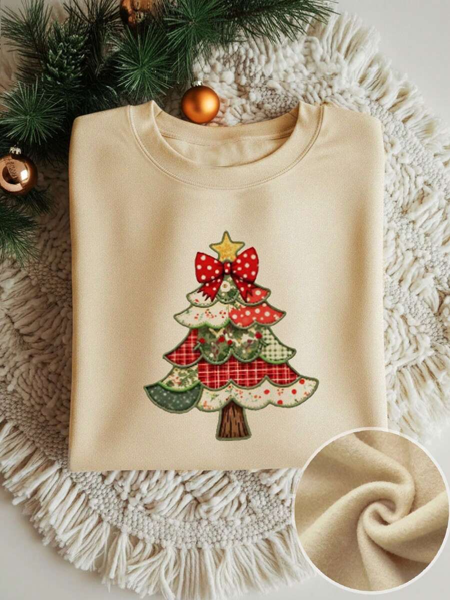 SHEIN LUNE Weihnachtsbaum Muster Oversized Rundhals Dicker Sweatshirt, Damen Herbst und Winter Langarm Top, Weihnachtsparty, Herbst und Winter Sweatshirt, Geeignet für Partys - Aprikosenfarben - Übersicht 1