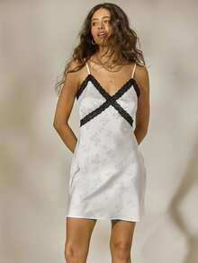 Aralina Sleepwear Fall Winter Date Night Floral Jaquard Satin Slip Mini Loungewear Dress With Contrast Lace - White - View 5