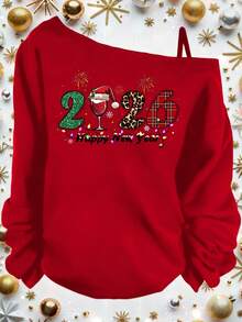 EMERY ROSE Christmas 2026 Graphic Print Off Shoulder Long Sleeve T-Shirt, Suitable For Parties, Plus Size/Winter Red New Year Party - Red - View 1