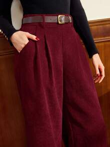 Vintamour 女士复古经典优雅灯芯绒长裤，收腰设计，配有腰带和口袋，棕色，秋冬款 - 酒紅色 - 查看 5