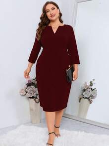 SHEIN Clasi 大码女式纯色V领七分袖修身优雅连衣裙 - 酒紅色 - 查看 1