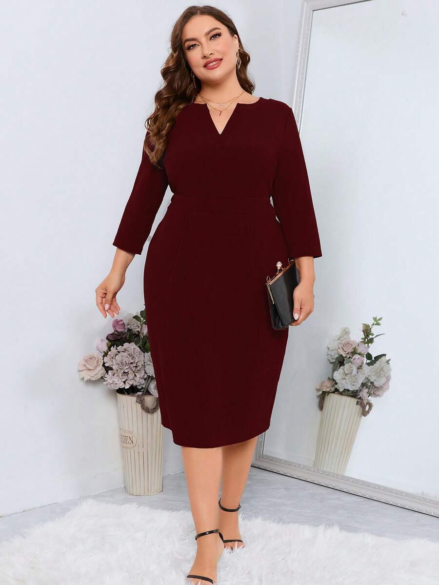 SHEIN Clasi 大码女式纯色V领七分袖修身优雅连衣裙 - 酒紅色 - 查看 1