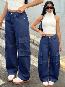 SHEIN EZwear Y2K 女式休闲街头风格日常百搭工装牛仔裤 - 深色水洗藍 - 查看 1