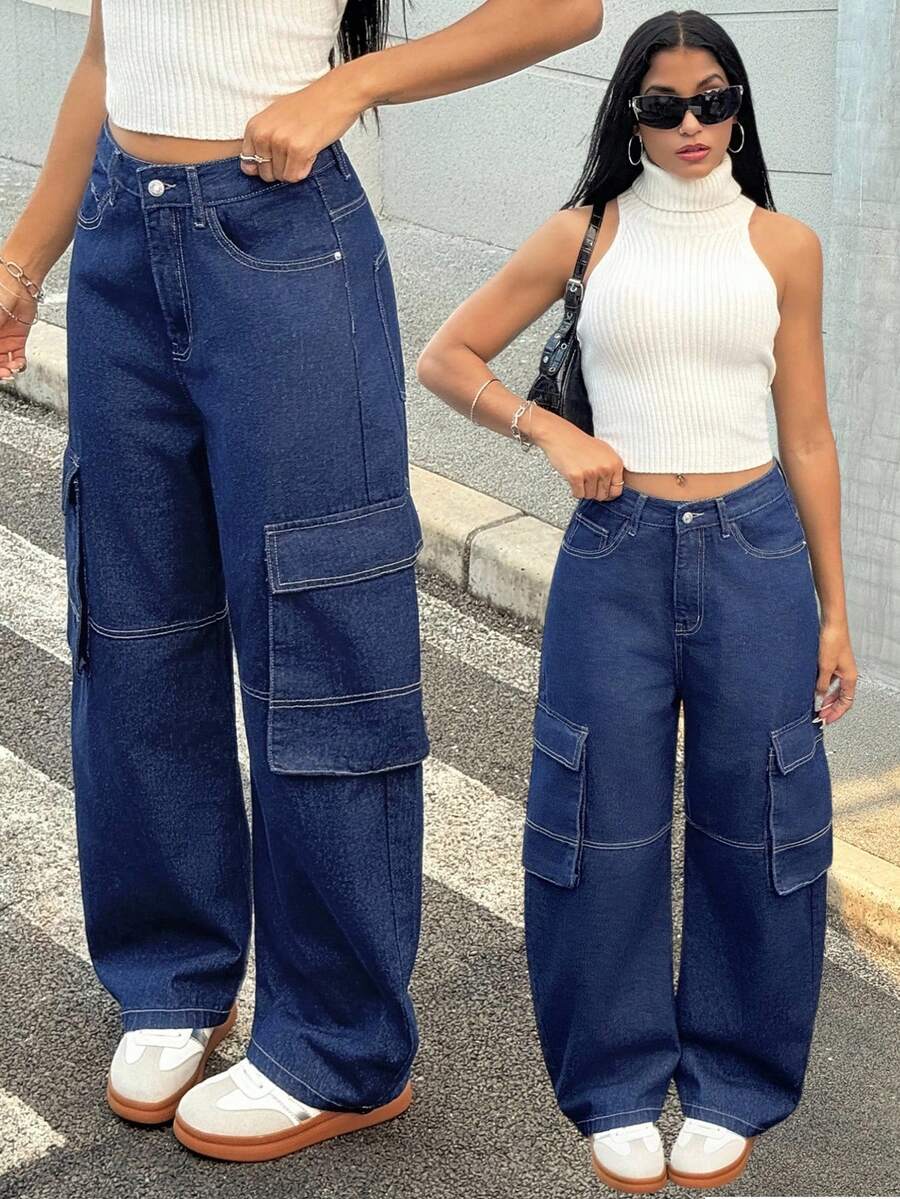 SHEIN EZwear Y2K 女式休闲街头风格日常百搭工装牛仔裤 - 深色水洗藍 - 查看 1