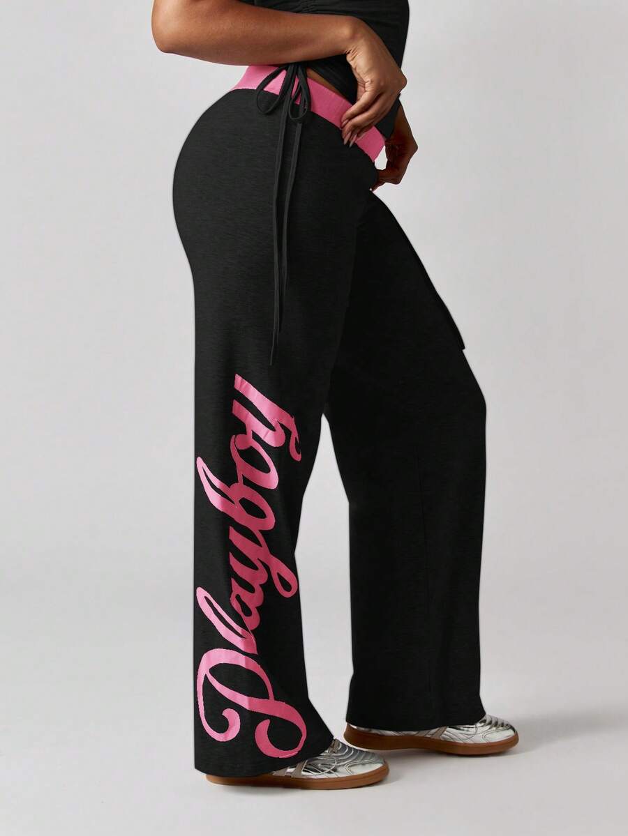 Missguided x Playboy Women's Wide Leg Lounge Pants With Logo Print And Side Pockets - Black - View 1