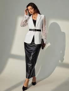 Bluhae Áo khoác Blazer nữ tay dài phối ren trơn màu thanh lịch - trắng - Xem 3